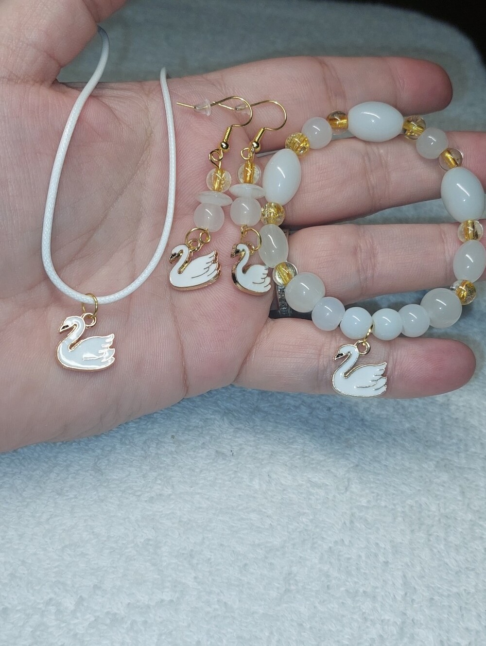 White Swan Pendant Necklace, Earrings & Bracelet Jewelry Set Leather Cord